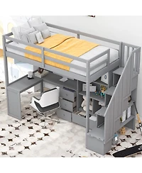 Streamdale Twin Loft Bed with Desk, Storage, and Staircase White