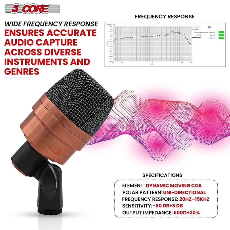 5 Core Tom Snare Mic Cardioid Dynamic Microphone for Drum Kit Precision Instrument - Copper
