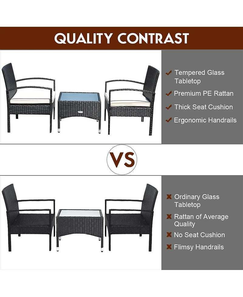 Sugift 3 Pieces Patio Wicker Rattan Furniture Set with Cushion for Lawn Backyard