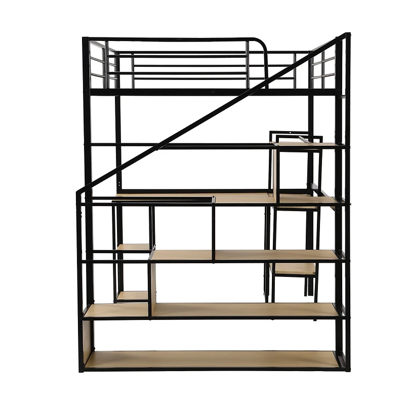 Full Size Metal Loft Bed With Staircase, Built-In Desk And Shelves