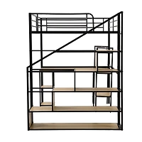 Full Size Metal Loft Bed With Staircase, Built-In Desk And Shelves