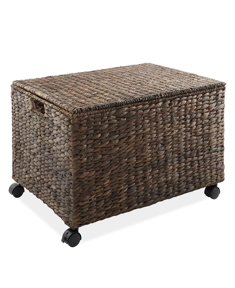 Casafield Rolling Storage Basket Cart with Lid and Wheels, Natural - Woven Water Hyacinth Divided Sorting Bin for Kitchen, Pantry, Laundry, Garage