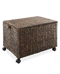 Casafield Rolling Storage Basket Cart with Lid and Wheels, Natural - Woven Water Hyacinth Divided Sorting Bin for Kitchen, Pantry, Laundry, Garage