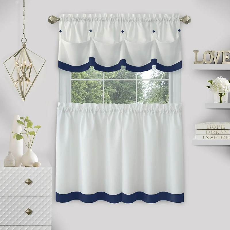 Kate Aurora Country Living Farmhouse 3 Pc Solid Cafe Kitchen Curtain Tier & Tucked Valance Set