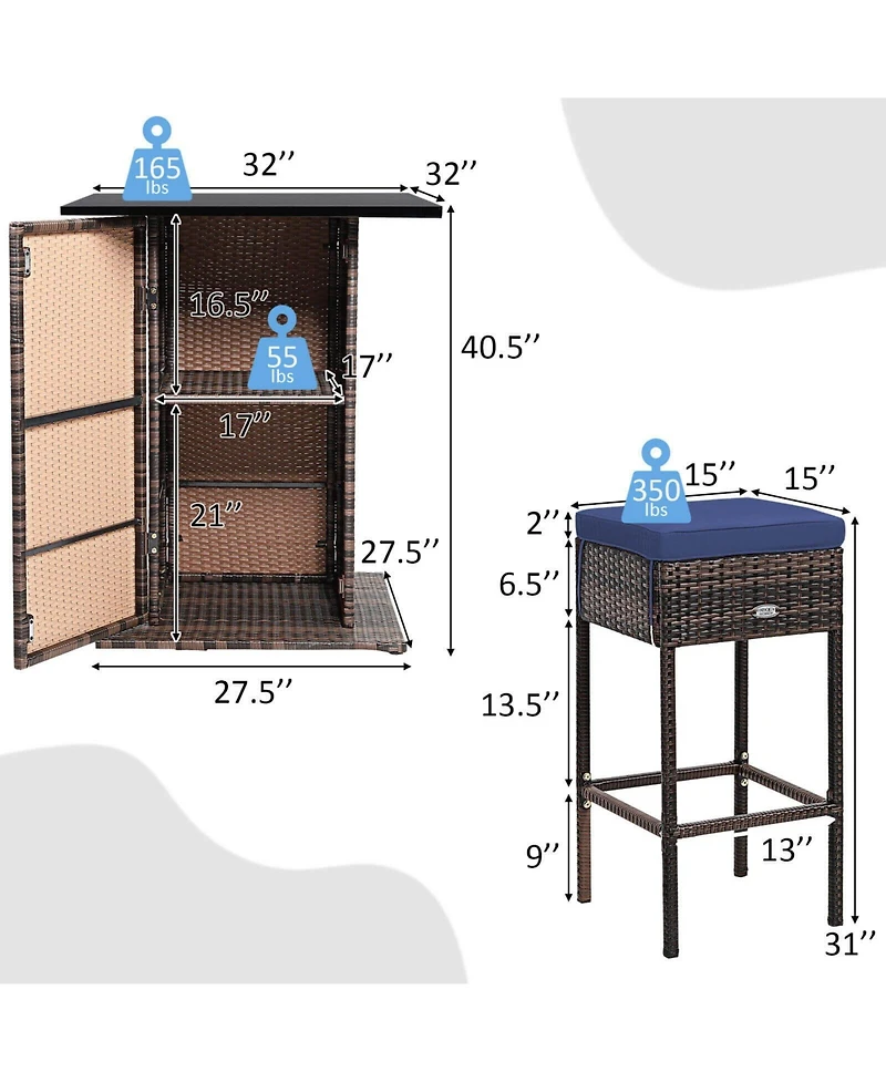5 Pieces Patio Rattan Cushioned Bar Furniture Set with Hidden Storage Shelf