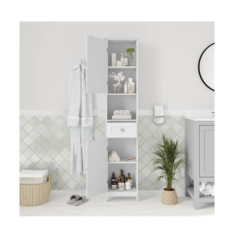 Merrick Lane Delilah Slim Linen Tower Organizer With Storage Drawer, Upper And Lower Cabinets With Magnetic Closure Doors And Open Shelf