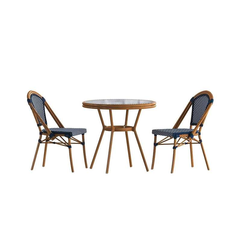 Merrick Lane Sacha Bistro Style Table With Glass Top, Pe Rattan, Stack Chairs
