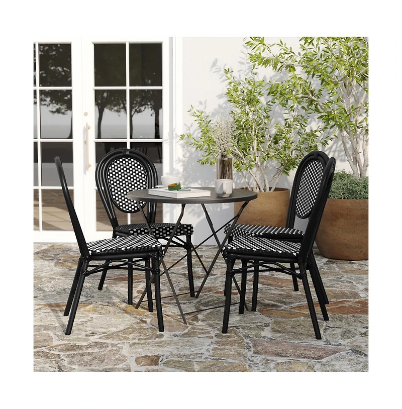 Merrick Lane Celia Set Of Four Stacking Thonet Bistro Style Chair, Pe Rattan Seat, And Metal Frame For Indoor/Outdoor Use