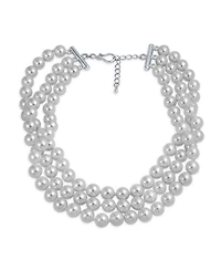Bling Jewelry Hand Knotted 3 Row White Simulated Pearl Strand Collar Necklace Prom