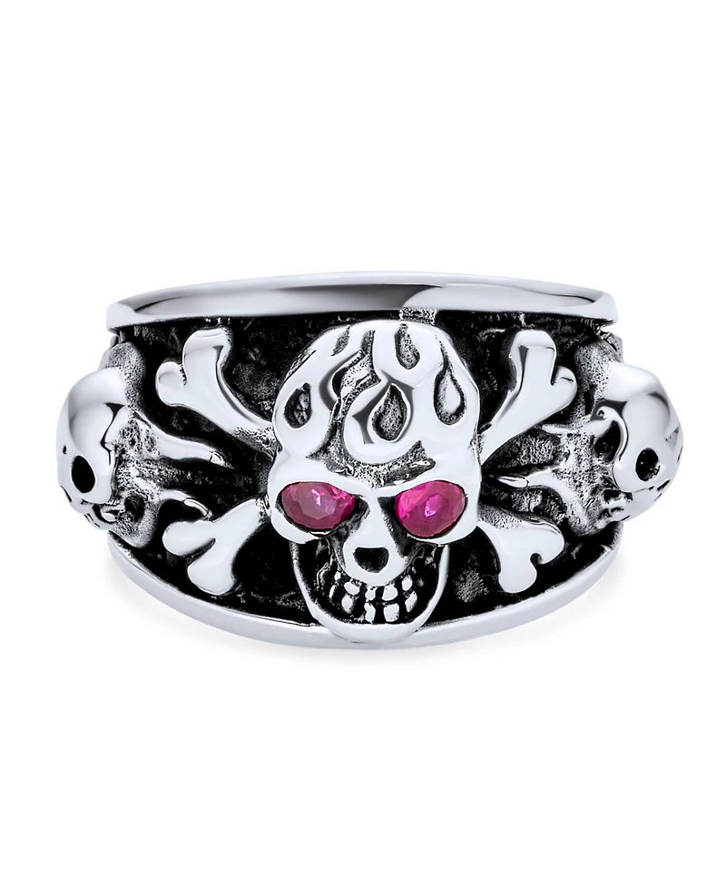 Bling Jewelry Biker Gothic Caribbean Pirate Crossbones Multi Skull Heads Band Ring with Red Cz Eyes Oxidized Sterling Silver