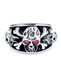 Bling Jewelry Biker Gothic Caribbean Pirate Crossbones Multi Skull Heads Band Ring with Red Cz Eyes Oxidized Sterling Silver