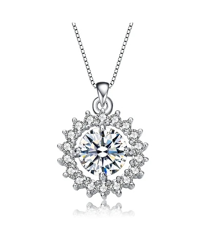 White Gold Plated Round Cubic Zirconia Flower Style Pendant Necklace