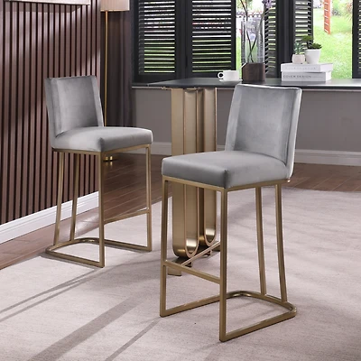 Set of 2 Modern Velvet Bar Stools in Gold/Grey