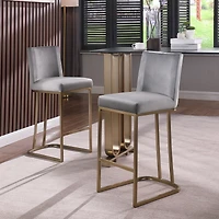 Set of 2 Modern Velvet Bar Stools in Gold/Grey