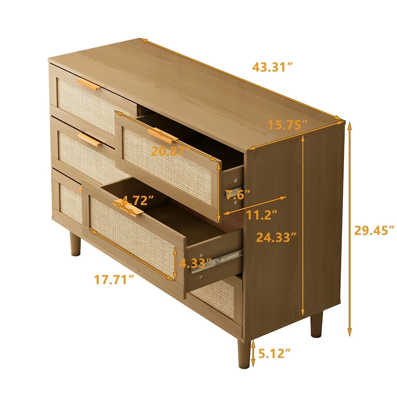 Streamdale Furniture 6 Drawers Rattan Dresser Rattan Drawer, Bedroom, Living Room