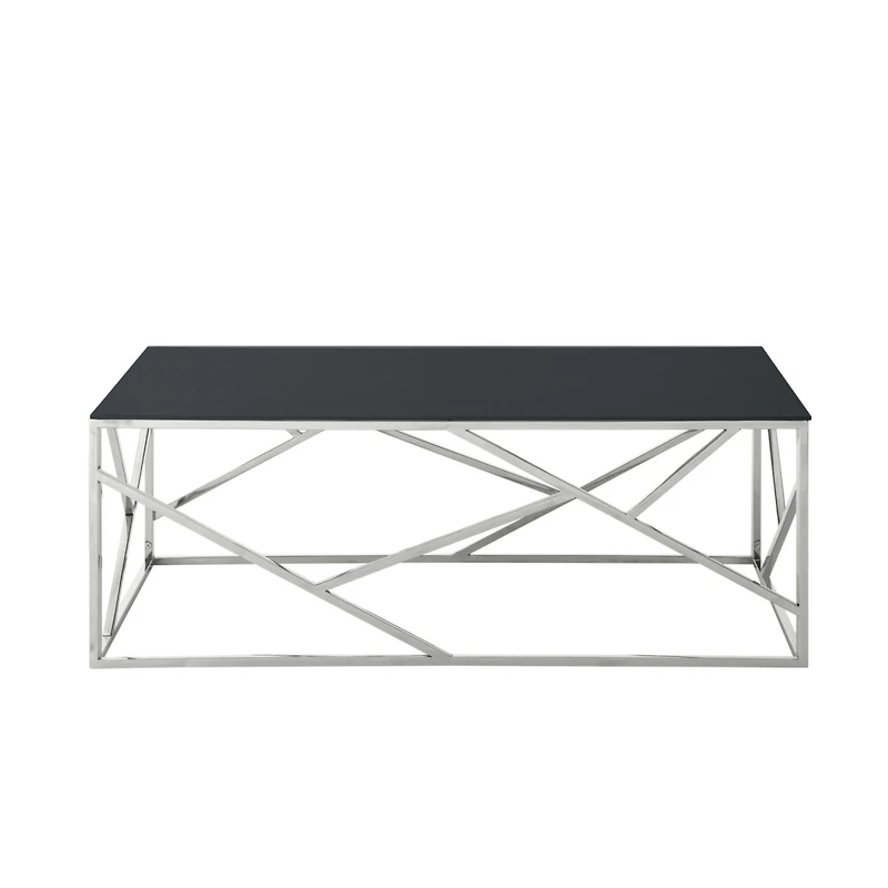 Simplie Fun Rectangular Black Glass Coffee Table with Stainless Steel Frame