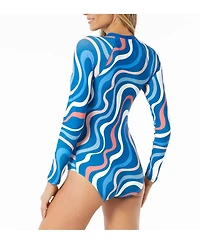 Beach House Sport Women's Sculpt Long Sleeve Zip Front Striped One Piece Swimsuit