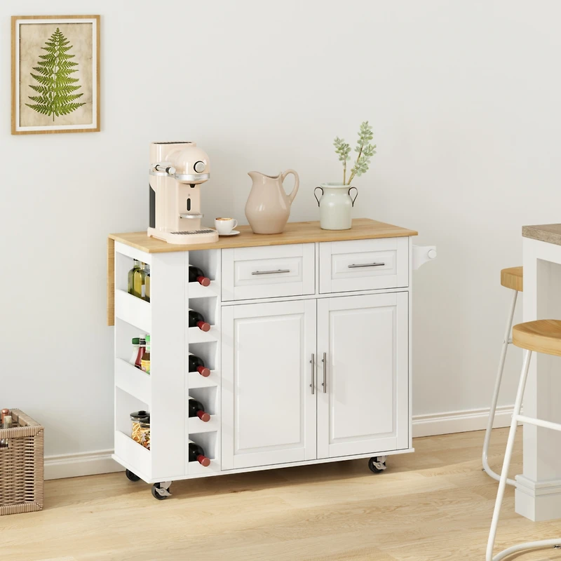 Streamdale White Kitchen Island Cart with Storage and Foldable Table