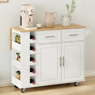 Streamdale White Kitchen Island Cart with Storage and Foldable Table