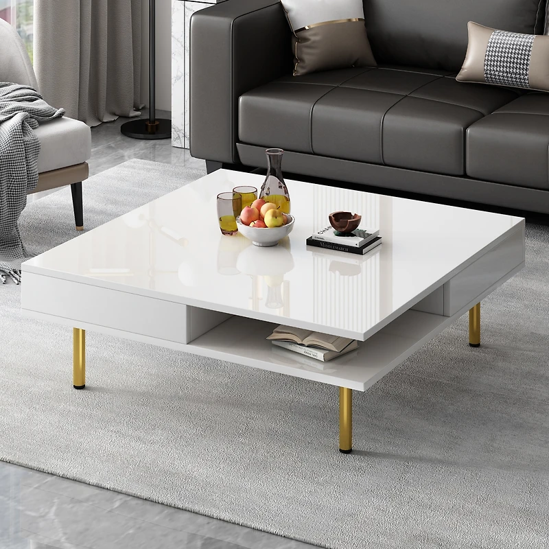 Streamdale Exquisite 2-tier white coffee table with gold legs