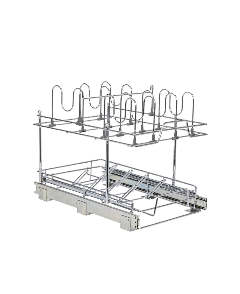 Household Essentials Glidez Multipurpose Chrome-Plated Steel Pull-Out/Slide-Out Basket Storage Organizer for Pots and Lids 2-Tier Dual-Slide Design