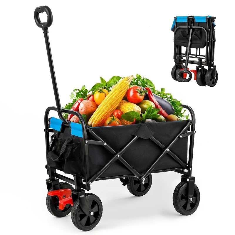 Streamdale Mini Folding Wagon Garden Shopping Beach Cart (Black+Blue+Brake)