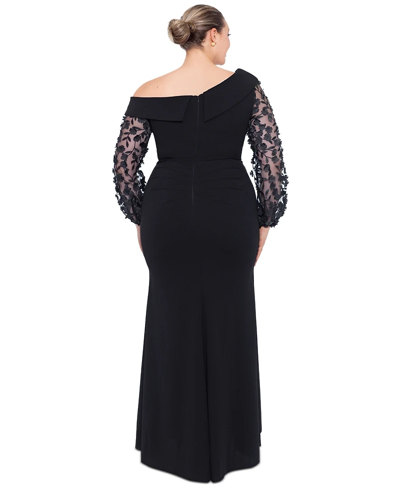 Xscape Plus Off-The-Shoulder Floral-Sleeve Gown
