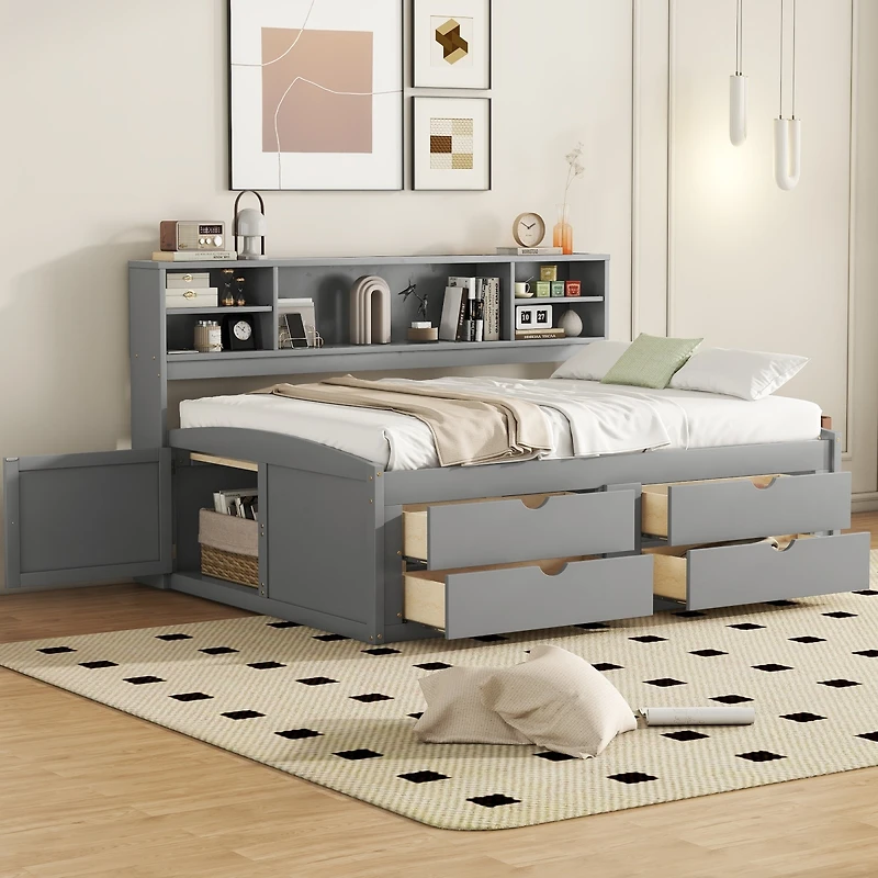 Simplie Fun Full Size Wood Daybed With 2 Bedside Cabinets, Upper Shelves And 4 Drawers, Gray