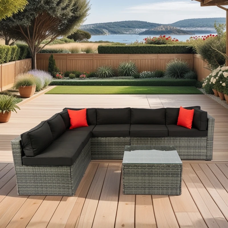 Streamdale 5-Piece Pe Rattan U Sofa Set with Black Cushion