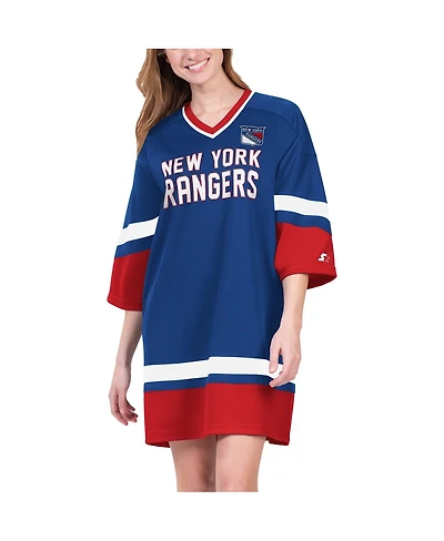 Starter Women's Blue New York Rangers Hurry-Up Offense Boxy V-Neck Half-Sleeve Sneaker Dress