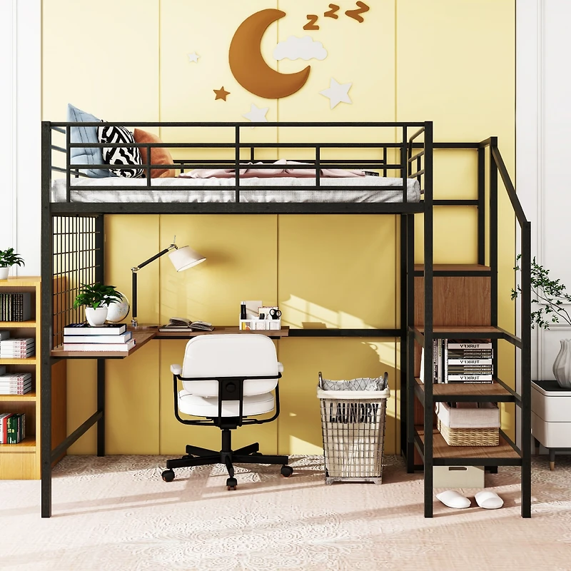 Simplie Fun Metal Loft Bed with Desk, Ladder and Wardrobe, White