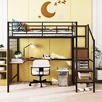 Simplie Fun Metal Loft Bed with Desk, Ladder and Wardrobe, White
