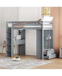 Simplie Fun Twin Loft Bed With Large Shelves, Writing Desk And Led Light, White