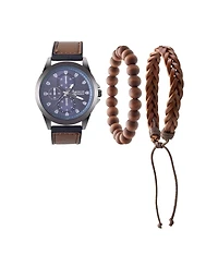 American Exchange Men's Quartz Movement Brown Leather Analog Watch, 47mm and Stackable Bracelet Set with Zippered Pouch