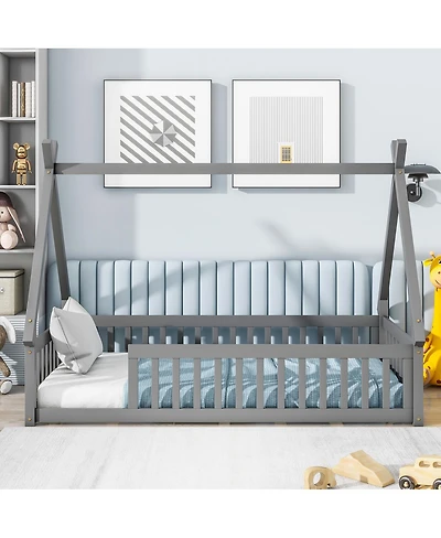 Simplie Fun Twin Tent-Shaped Floor Bed, Teepee Bed With Guardrails, Slats, Grey