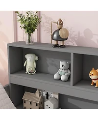 Simplie Fun Full Floor Bed With Side Bookcase, Shelves, Guardrails, Grey