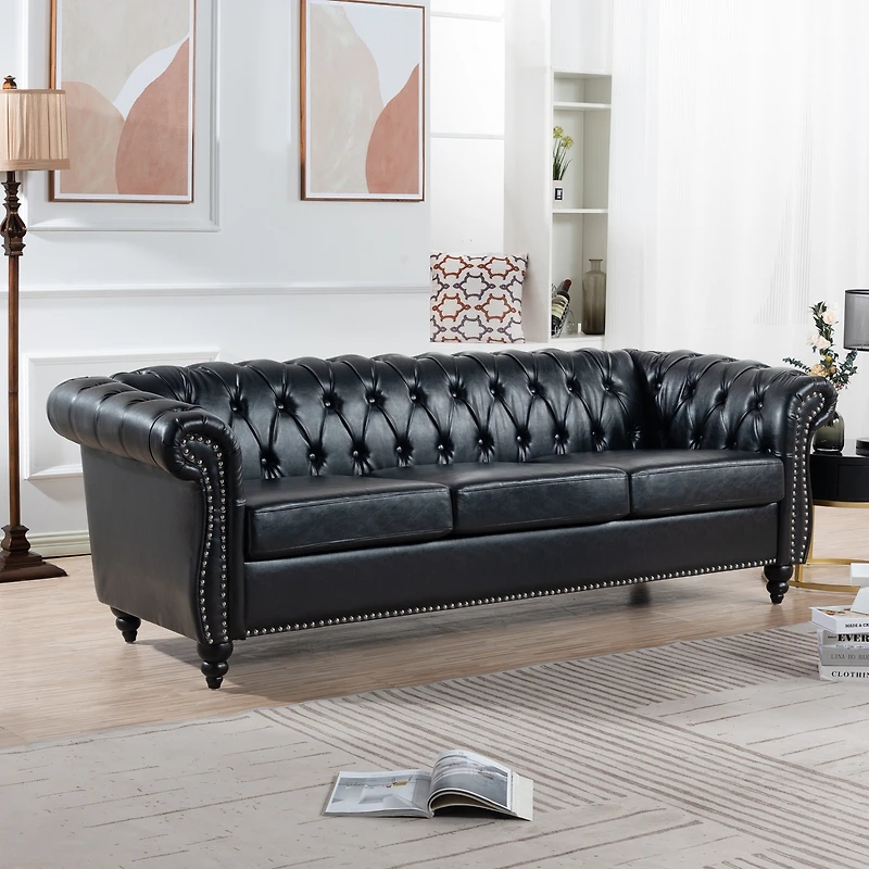 Streamdale 84.65" Pu Rolled Arm Chesterfield Three Seater Sofa