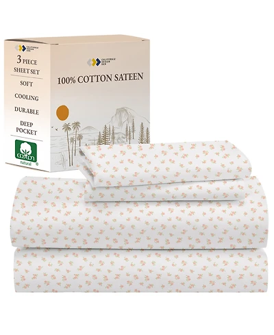 Twin Floral Sheet Set, Soft 100% Cotton Sateen, 3 Pc Deep Pocket Sheets & Pillowcase Set - Chic