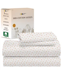 Twin Floral Sheet Set, Soft 100% Cotton Sateen, 3 Pc Deep Pocket Sheets & Pillowcase Set - Chic