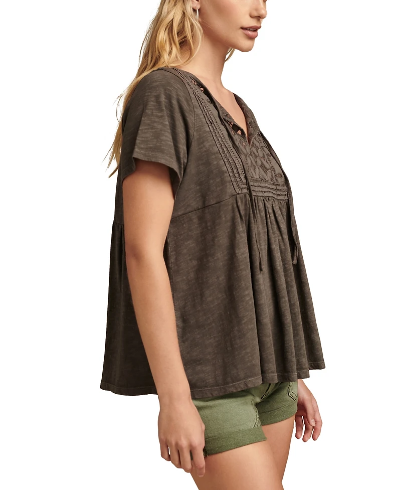 Lucky Brand Women's Cotton Embroidered Babydoll Tie-Neck Top