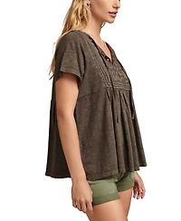 Lucky Brand Women's Cotton Embroidered Babydoll Tie-Neck Top