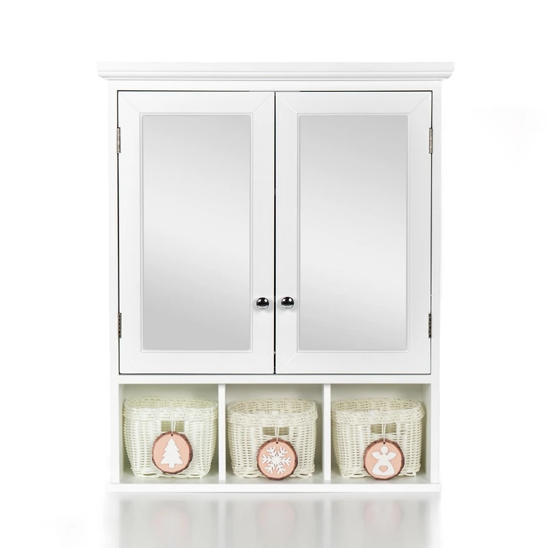 Streamdale White Wood Wall Cabinet with Mirrored Doors & Storage Baskets