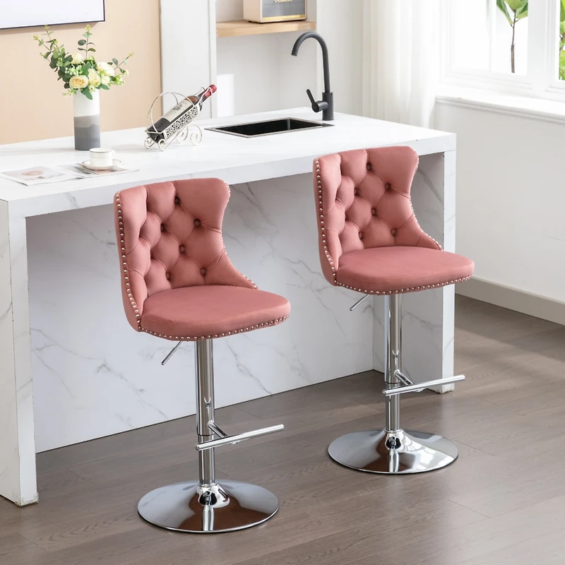 Simplie Fun Modern Pink Velvet Swivel Barstools, Set of 2