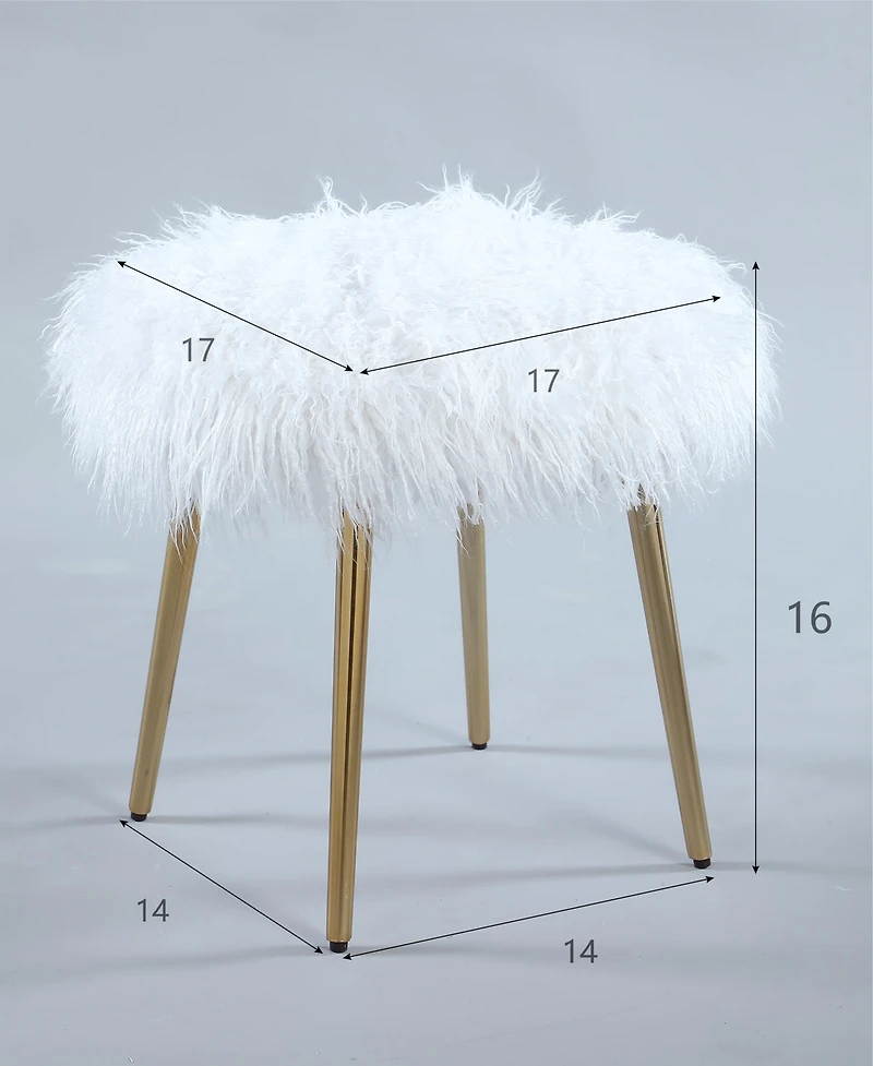 Ravni Faux Fur Accent Ottoman with Gold Legs