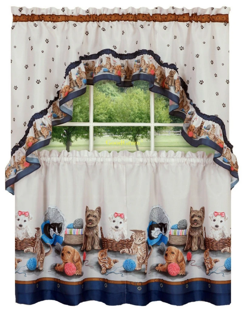 GoodGram Adorable Puppies & Kittens Kitchen Curtain Tier & Swag Set - 58 in. W x 24 in. L