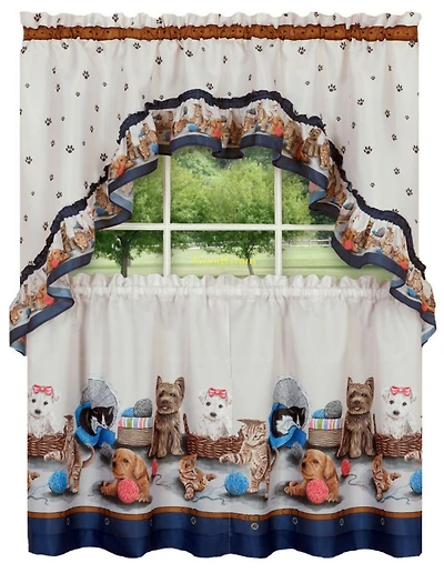 GoodGram Adorable Puppies & Kittens Kitchen Curtain Tier & Swag Set - 58 in. W x 24 in. L