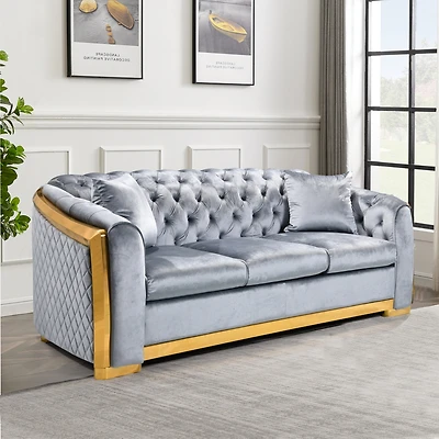 Simplie Fun Velvet Luxury Chesterfield Sofa Set, 84" Grey Fabric