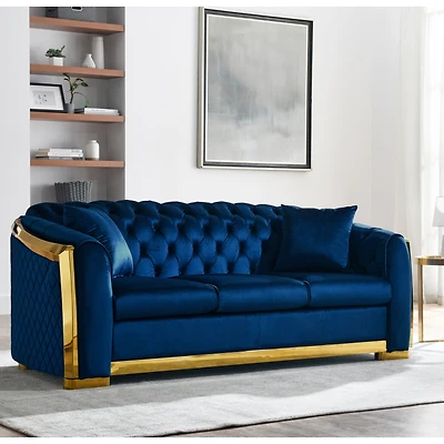Streamdale Furniture Navy Blue Velvet Sofa Set with Gold Stainless Legs