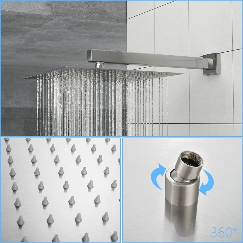 12" Rain Shower Head Systems, Brushed Nickel, Wall Mounted Shower