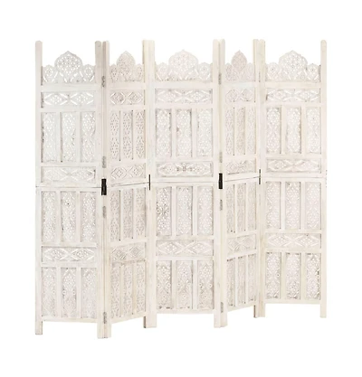 Hand carved 5-Panel Room Divider White 78.7"x65" Solid Mango Wood